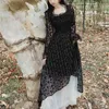 Black Plaid Square Collar Dress Woman Full-sleeve Casual Flocking Asymmetric Female Vintage Style Vestido 210603