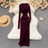 Vrouwen Koreaanse gebreide jurk lange mouw v-hals elastische slanke potlood jurken 2022 herfst sexy bodycon split trui jurk