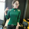 Wiosna Kobiety Slim T-shirt Zielony Czarny Purpurowy Brązowy Z Długim Rękawem T Koszulka Wytnij Projekt V-Neck Top T02608B 210421