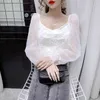 Jesień latarnia Rękawnica Vintage Bluzka Kobiety Siatki Seksowna Biała Koszula Topy Kwadrat Kołnierz Koreański Moda Odzież 11420 210512