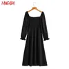 Tangada mode kvinnor solid svart robe fyrkantig krage ankomst långärmad damer vintage midi klänning vestidos 1f229 210609