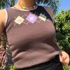 Streetwear Argyle Y2K Crop Kamizelka Sweter Kamizelka Kobiety Bez Rękawów O-Neck Swetry Vintage 90. Plaid Casual Top Knitwear Jumper 210510