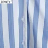 Zevity Women Sweet Peter Pan Collarストライププリントカジュアルシャツオフィスレディランタンスリーブブラウスシック夏Blusas Tops LS9158 210603