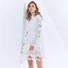 Элегантное вышивка белое платье для женщин стойки воротник с длинным рукавом высокая талия лоскутное кружева тонкие платья женщины 210520