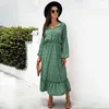 Casual Jurken Boheemse Lange Vrouwen Fall 2021 Floral Print Lantern Sleeve Hoge Taille Swing Geplooid Boho Party Maxi Jurk Vestidos