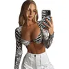 Sutiã feminino sexy estampado com decote em V malha transparente manga longa cropped top camiseta