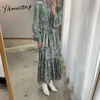 Yitimuceng Robes d'impression florale Femmes Ruché Vintage Robe longue Mode coréenne Taille haute Vert Noir Sundress Printemps 210601
