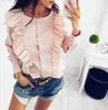 Blusas elegantes de manga larga con volantes y cuello redondo para mujer, blusa con botones a rayas azules, camisas informales para trabajo de oficina, blusas para mujer