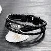 Flätat äkta läder män bangle fishbone stil rostfritt stål spänne rock armband armband för manliga luxulry smycken