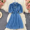 Summer Women Denim Dress Fashion Turn-down Collar Short Sleeve Hollow Out Front A-line Mini Jeans Vestidos 210603