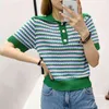 Women's Green Striped Knitted T Shirt Jewelry Buttons Slim Ladies Lapel Short Sleeve T-Shirt Fashion Knit Top 210521