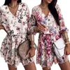 Casual Dresses Summer V-Neck Blomstryck Klänning Nio Ärm Kort Kjol Bohemian Loose Ruffled Party Beach