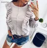 Women Summer Fashion O-Neck Ruffles Long Sleeve Elegant Tops Blue Striped Button Blouse Casual Office Work Shirts Women's Blouses &