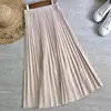 Spring Autumn Women Elastic Waist Casual Solid Color Empire Over Knee Loose Wide Hem Pleated Skirt 16W211 210510