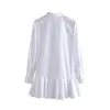 女性の白いプリーツのシャツのミニドレス長袖のターンダウンカラーオフィスESソリッドカジュアルAラインvestidos 210508