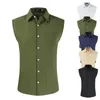 Solid Shirts Men Summer Casual Sleeveless Mens Shirt Pocket Linen Breathable Camisas Slim Plus Size Chemise Homme 5+ Colors 210524