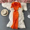 Sexy V-neck Short-sleeved Knit Bodycon Dress Women Casual Summer Slim Elastic High Split Mid-calf Ribbed Long Dress Vestido 211029