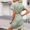 Groene polka dot korte mouw jurk vakantie stijl kant vleermuis zomer vrouwen elegante hoge taille aline 210414