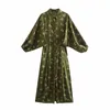 ZA Animal Imprimer Chemise Robe Femmes À Manches Longues Plissée Vintage Midi Robes De Fête Femme Chic Avant Bouton Vert Robe 210602