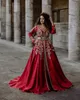 Rote marokkanische Kaftan-Hochzeitskleider, muslimische Goldstickerei, lange Ärmel, Kristall, arabisch, algerisches Brautkleid, Vestido de Noiva