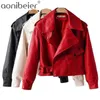 Femmes Faux Cuir Veste Pu Moto Biker Rouge Court Manteau Col Turndown Lâche Streetwear Noir Punk Vêtements D'extérieur 210604