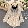 Sexy Holiday Beach Style 3 Sets Vintage Bohemian Crocheted V Neck Hollow Out Knitted Top Camisole Shorts Fashion Clothing Women 210429