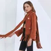 Kadınlar için Kahverengi Ceket V Boyun Uzun Kollu Eşarp Patchwork Püskül Gevşek Streetwear Ceketler Kadın Giyim 210524