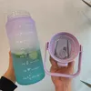 2 Liter Large Capacity Free Motivational With Time Marker Fitness Jugs Gradient Color Plastic Cups Outdoor Frosted Water Bottle 210914