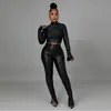 Women's Two Piece Pants RMSFE 2022 Early Autumn Shrunk Pleated Small Horn Sleeve Backless High Neck Solid Leather Fashion Sexy Women Set