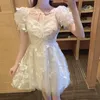 Sweet Puff Sleeve Elegant Vit Sommarklänning Kvinnor Sexig Lace En Linje Luxury Up Butterfly Fairy Princess Party Vestidos 210514