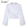 Autumn cross flare sleeve shirt Women elegant short white tops blusas Feminina summer casual linen blouse blusa 210414
