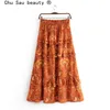 Chu sau skönhet mode boho stil blommig tryck sommar långa kjolar kvinnor semester chic ihåliga ut ruffles lösa kjol kvinnan 210508