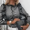 Vintage Imprimir Houndstooth Faux Couro Patched Ruffles Blusa Camisa Moda Mulheres Manga Longa Harajuku Blusas Tops Feminino 210415