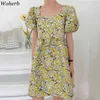 Robe de broderie florale douce Femmes Col carré Robes à manches bouffantes Coréen Vintage Summer Robes Filles Kawaii Robe 210519