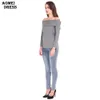 T-shirt en coton sur l'épaule Tops pour femmes Couleur grise T-shirt à manches longues Printemps Hiver Femme Vêtements T-shirts Vêtements 210416