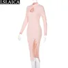 Розовое платье взрывчатые вылапывание круглые шеи с длинным рукавом Split Dressws для женщин повседневная мода сексуальный ночной клуб KLYIDER CAMEN 210515