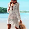 Summer Women Beachwear Sexy White Crochet Tunic Beach Wrap Dress Woman Swimwear Swimsuit Cover-ups Bikini Cover Up #Q719 210420