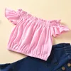 ファッション幼児キッズベビー女の子夏服パーティーセットオフショルダートップス Tシャツフレアパンツ 2 個女の子服衣装 3-7Y 1025 V2