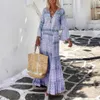 2021 femmes Vintage Boho imprimer longue DrElegant manches évasées motif géométrique fête DrSexy printemps été col en V Maxi robe X0621