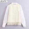 Kvinnor mode transparent organza patchwork tweed woolen smock blouse office lady chic tofs skjorta femininas toppar ls9009 210416