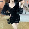 Fashion Velvet Sexy Club Mini Dress Women V-Neck Puff Sleeve High Waist Bodycon Vestidos Female 210519