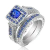 Anneaux de mariage Luxury Big Blue Stone Crystal for Women Sliver Color Engagement Bijoux 2PCS / Set