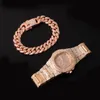 13mm 3 pcs Rose Gold Colar + relógio + pulseira hip hop miami Corrida cubana Chain gelada fora pavimentada Rhinestones CZ Bling para homens jóias