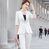 Blue Suit Spring Fashion High End Design Business Formal Half Sleeve Blazer And Pants Office Ladies Work Wear White 210604