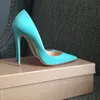 Casual Designer Office Lady fashion women shoes real photo turquoise patent leather pointy toe stiletto stripper High heels Prom Evening pumps large size 44 12cm