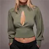 BLSQR Sexy Army Green Sweater Women Elegant Lantern Sleeve Keyhole Pullover Fashion Sweaters High Street Crop Tops Y1110
