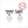 Klasyczny styl 925 Sterling Silver Bowknot Natural Pearls Wisiorek Kolczyk Oryginalne pudełko na kolczyki Pandora Dangle dla kobiet