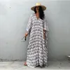 Women's Swimwear Leaves Print Bohemia Bathing Suit Cover Ups Holiday Bat Short Sleeve Maxi Dress Woman V Neck Sexy Robe Loose Coverup