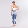 Hög midja kvinnor slim hål rippade denim jeans casual stretch mager byxor 210809