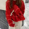 Aelegantmis O Neck Stipe Pullover Oversized Women Soft Warm Knitted Sweater Female Striped Jumper Red Spring Korean Outerwear 210607